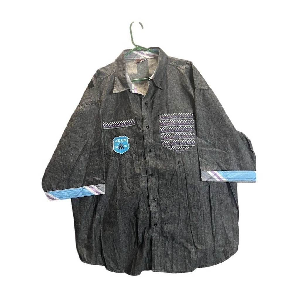 Red Ape Men's Black‎ Short Sleeve Button-Up Shirt Embroidered Emblem 4X